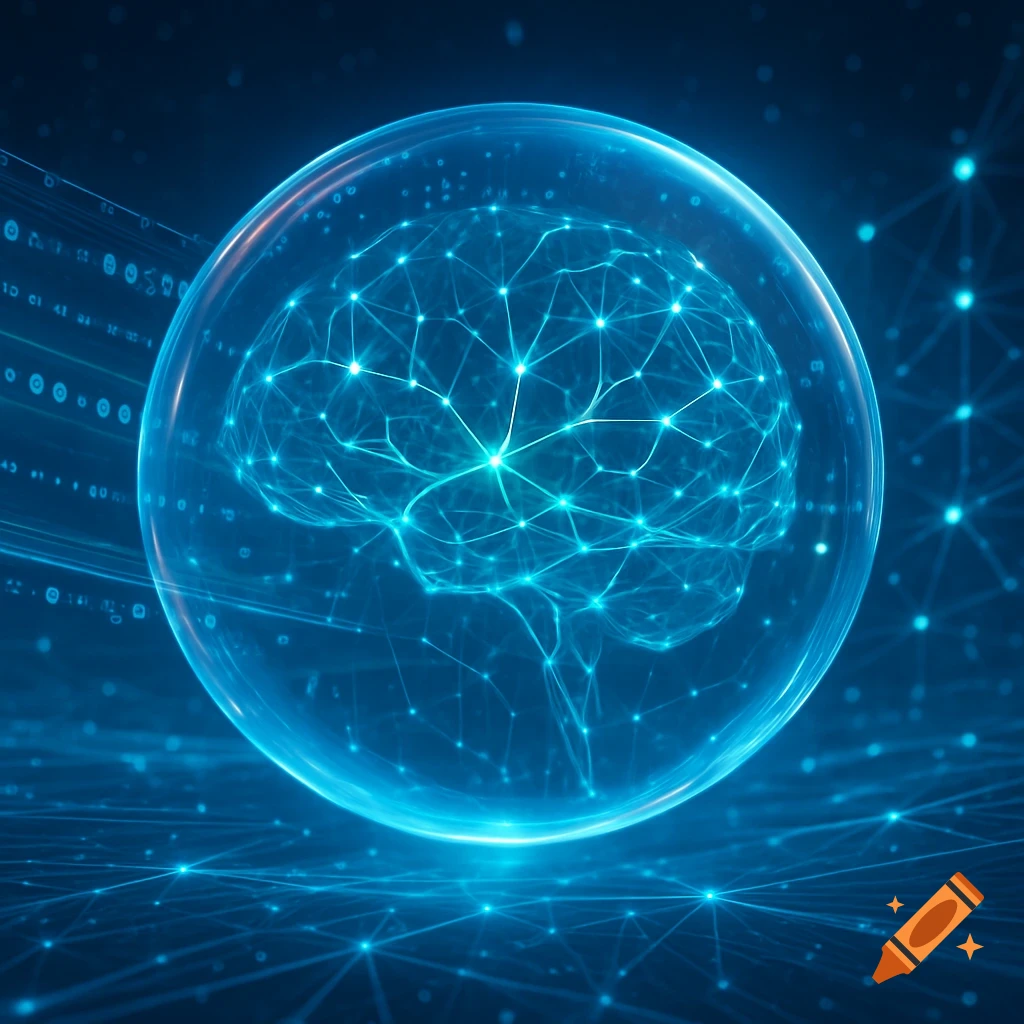 A glowing blue brain, represented as a neural network, encased in a glass sphere amidst a digital network background.
