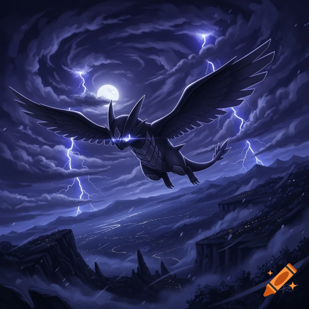 A dark winged creature resembling Lugia flies through a stormy night sky with lightning, a full moon, and a distant city.