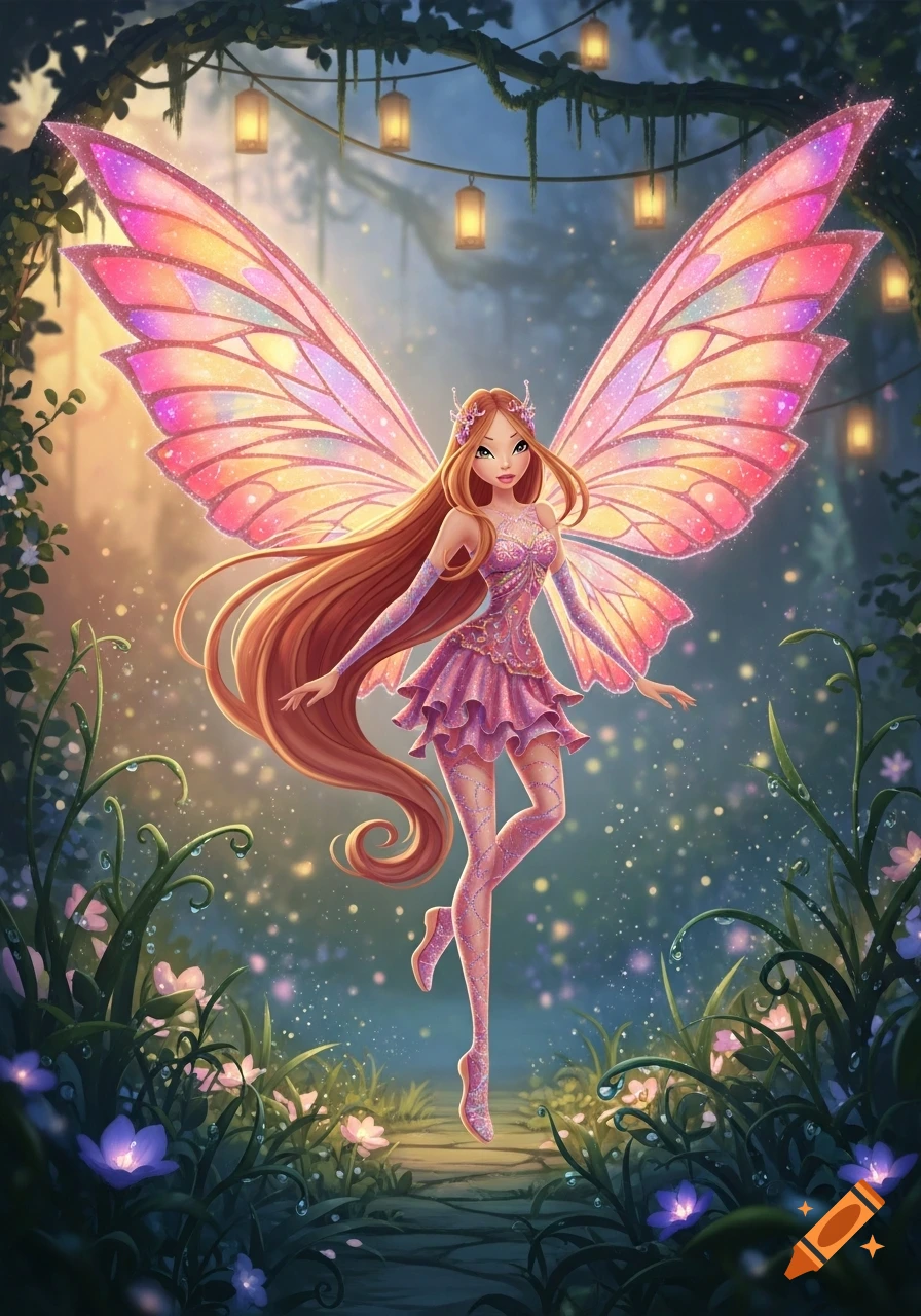 A vibrant fairy with long reddish-brown hair and large pink and orange glittery wings floats in an enchanted forest with glowing lanterns and sparkling dust.