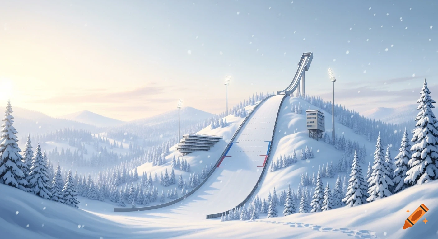 A wide shot of a ski jump surrounded by snow-covered pine trees and mountains under a bright, clear sky.