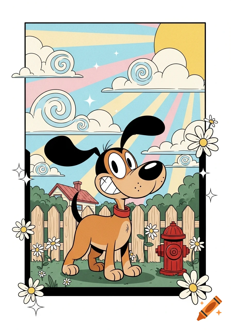 A happy, retro 1960s cartoon dog with big ears and a wide grin in a sunny backyard with a fence, daisies, and a fire hydrant.
