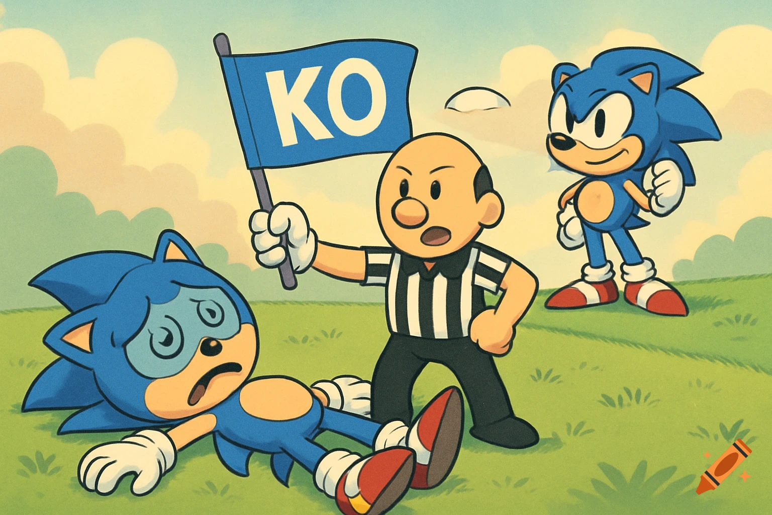 Cartoon Sonic knocked out on grass with swirly eyes, a referee holding a blue KO flag, and another Sonic in a winner pose.