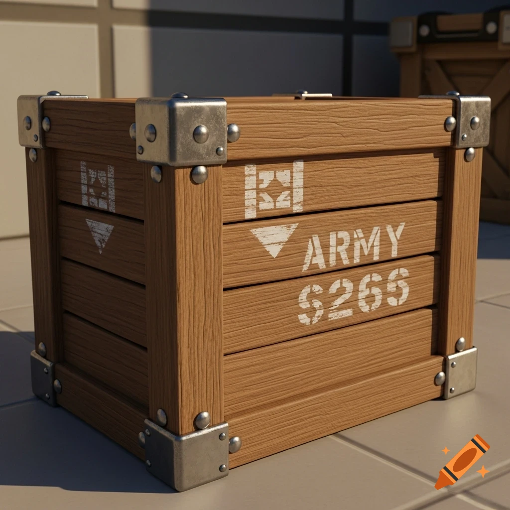 A realistic wooden military-style crate with metal corner protectors and "ARMY $266" stenciled on the side.