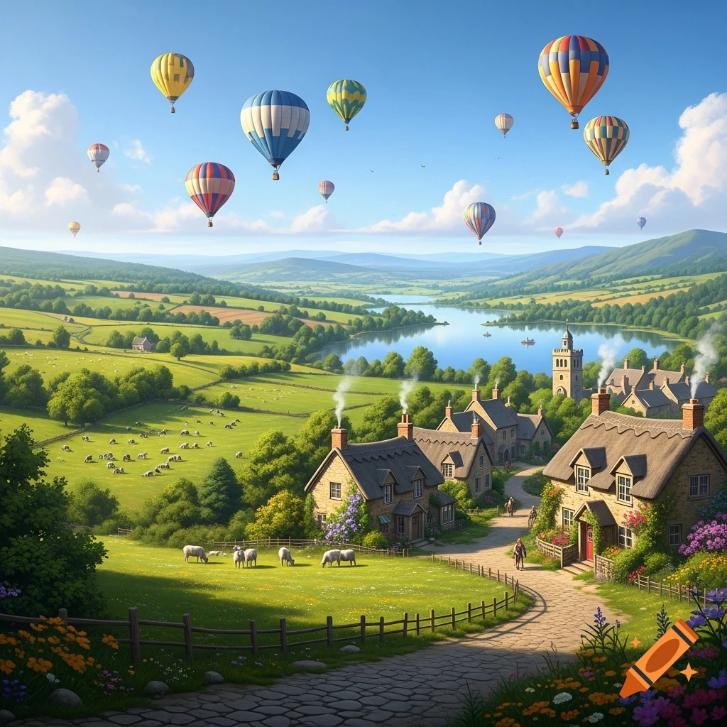 Vibrant English countryside with a charming village, green hills, a serene lake, and many colorful hot air balloons under a clear blue sky.