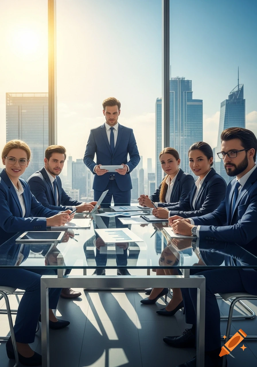 A group of business professionals in suits meeting around a glass table in a sunlit modern office with city skyscrapers outside a large window.