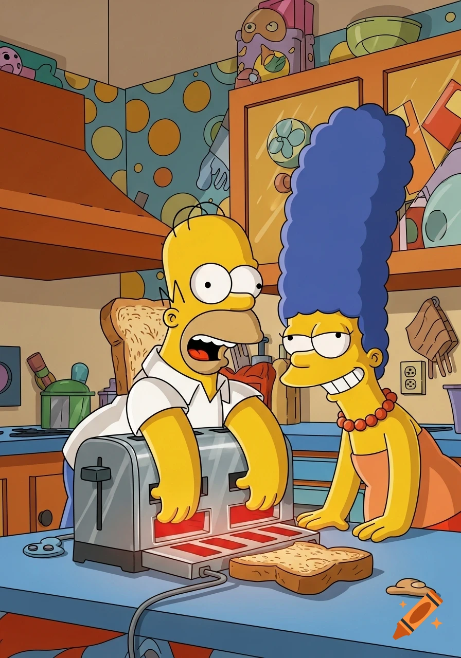 Homer Simpson attempts to toast himself in a small toaster, as a Marge-like character with a mischievous grin stands beside him in a cartoon kitchen.