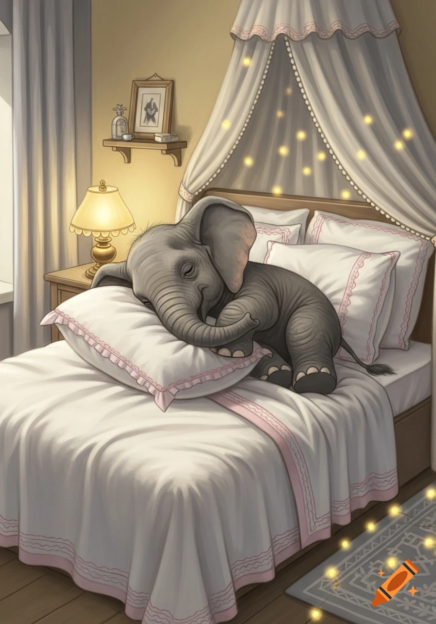An illustration of a cute baby elephant sleeping on a pillow in a cozy bed with string lights.