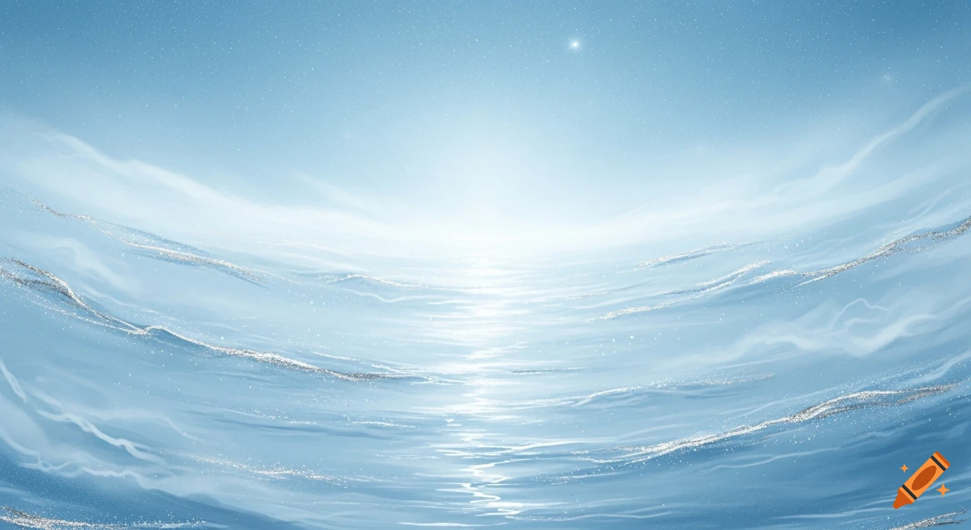 An ethereal light blue shimmering background resembling a tranquil sea meeting a bright sky, with a single star and wispy clouds.