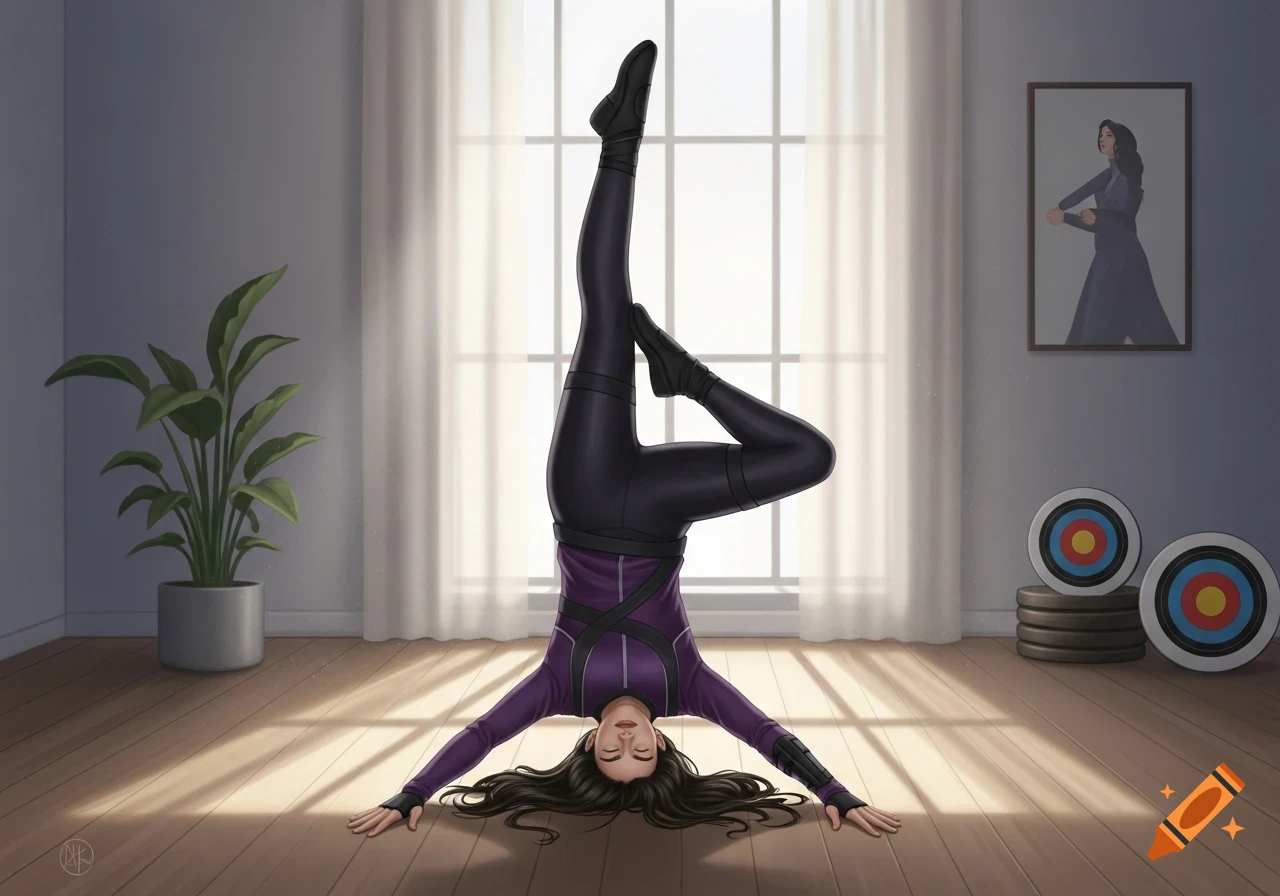 Kate Bishop in a purple and black suit does a headstand on a sunlit wooden floor in a room with archery targets. Digital art.
