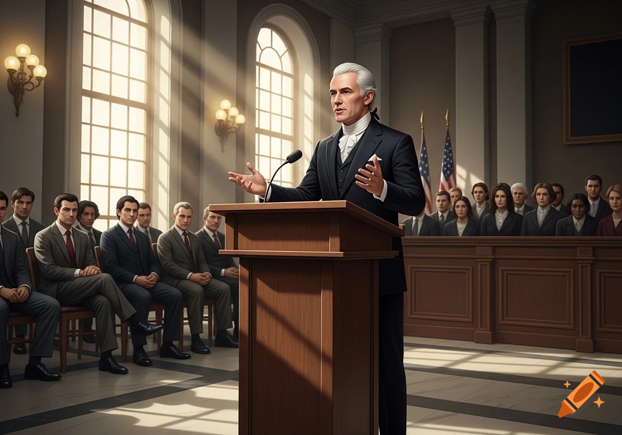 A man in a formal suit with white hair gives a speech at a wooden podium in a grand hall with an audience.