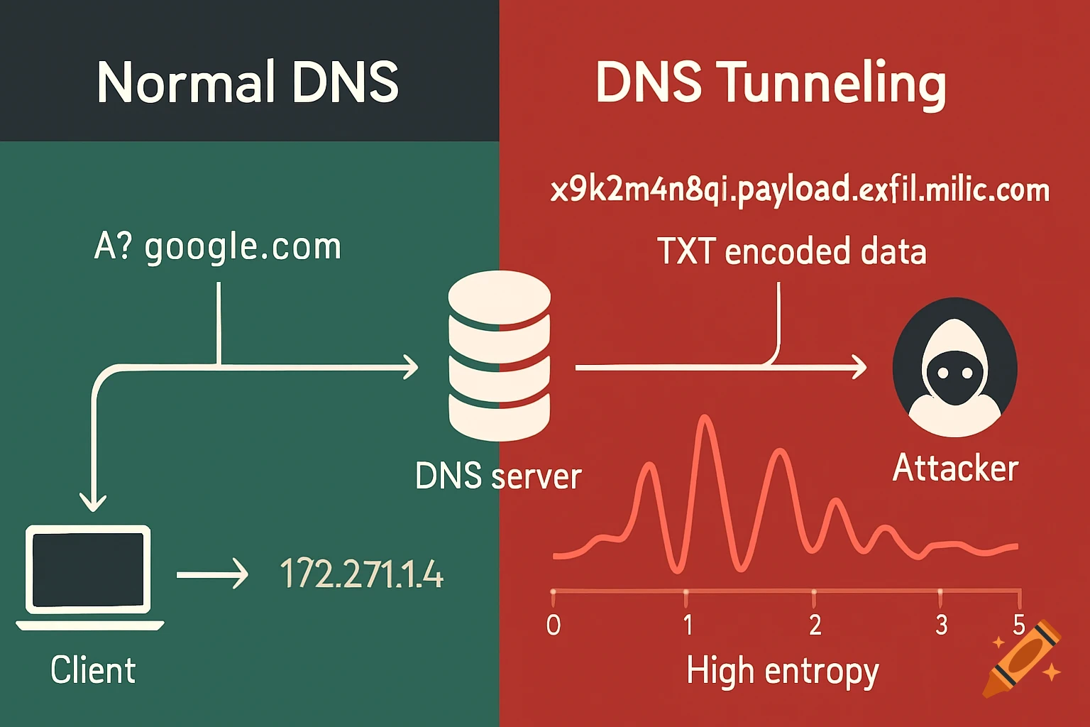 A split diagram illustrates normal DNS resolution on the left (green) and malicious DNS tunneling on the right (red) with network icons and data flow.