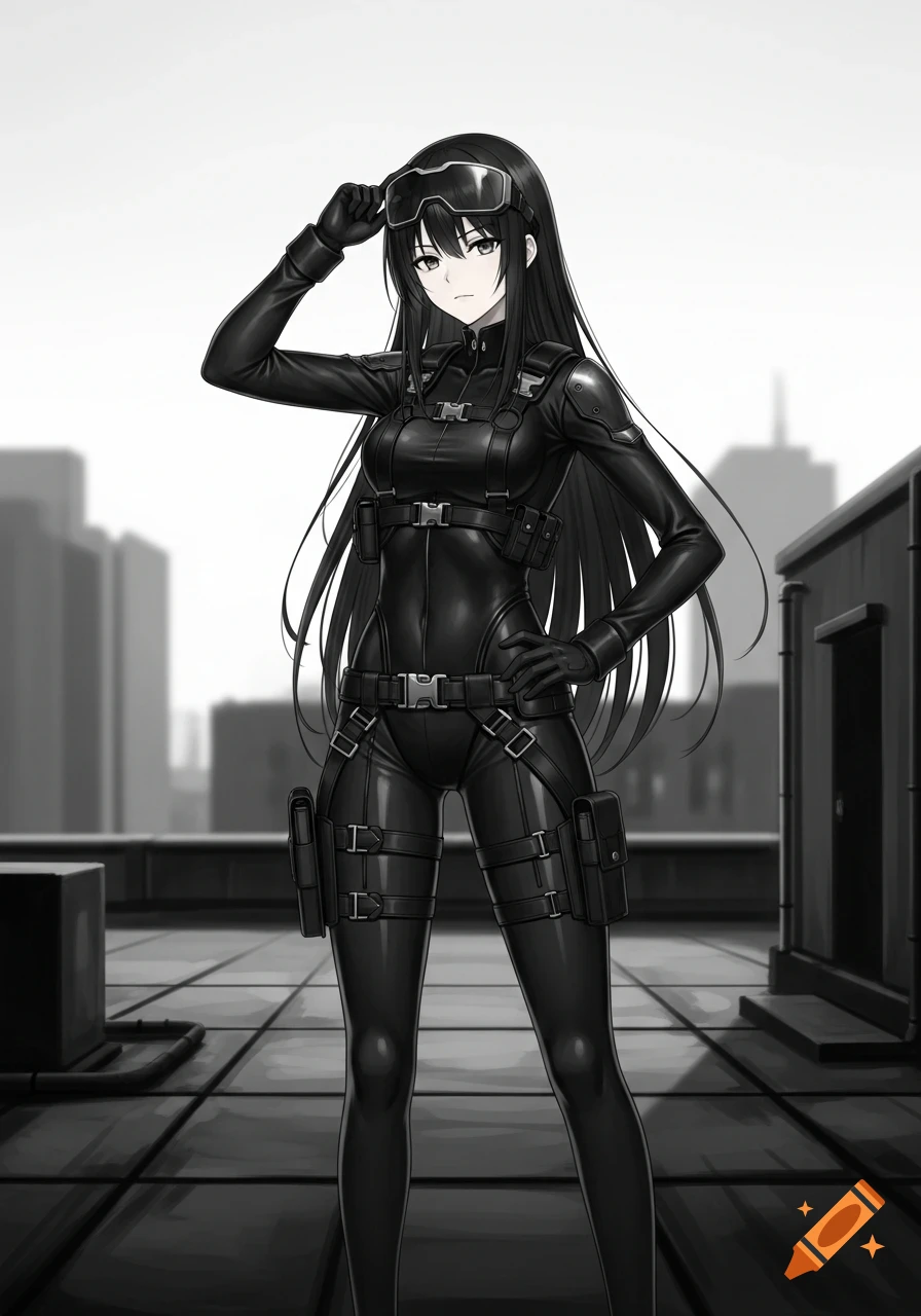 Black and white anime girl with long black hair in a black tactical suit and goggles, standing on a rooftop.