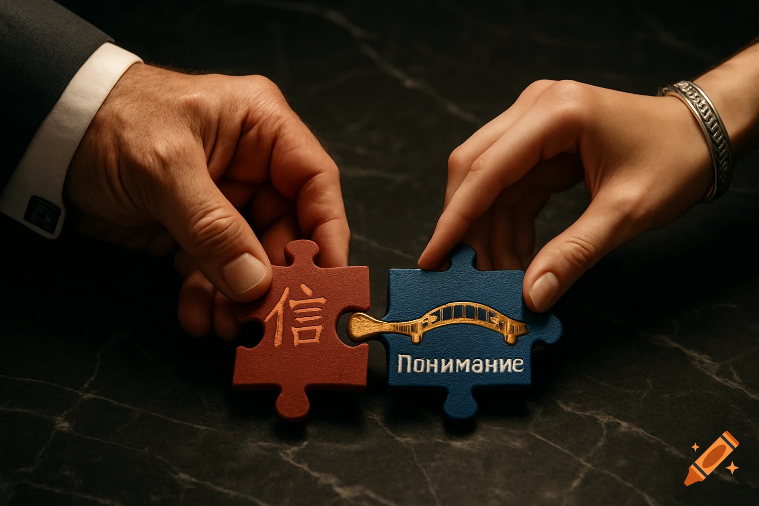Two hands connect puzzle pieces with Chinese character '信' and Cyrillic 'Понимание', forming a golden bridge.