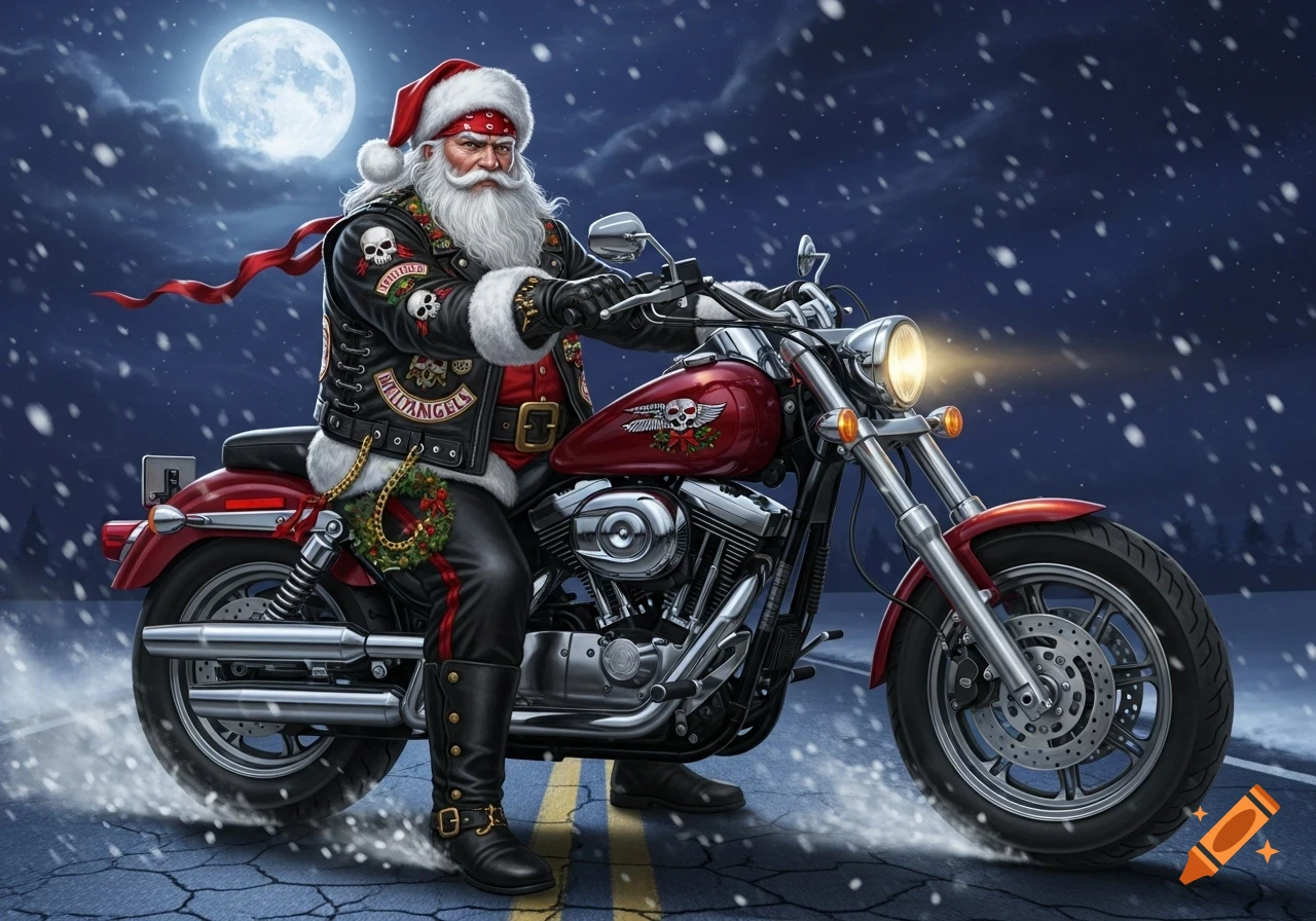 Santa Claus rides a red motorcycle through a snowy night under a full moon, wearing a black leather biker jacket with skull patches and a wreath.