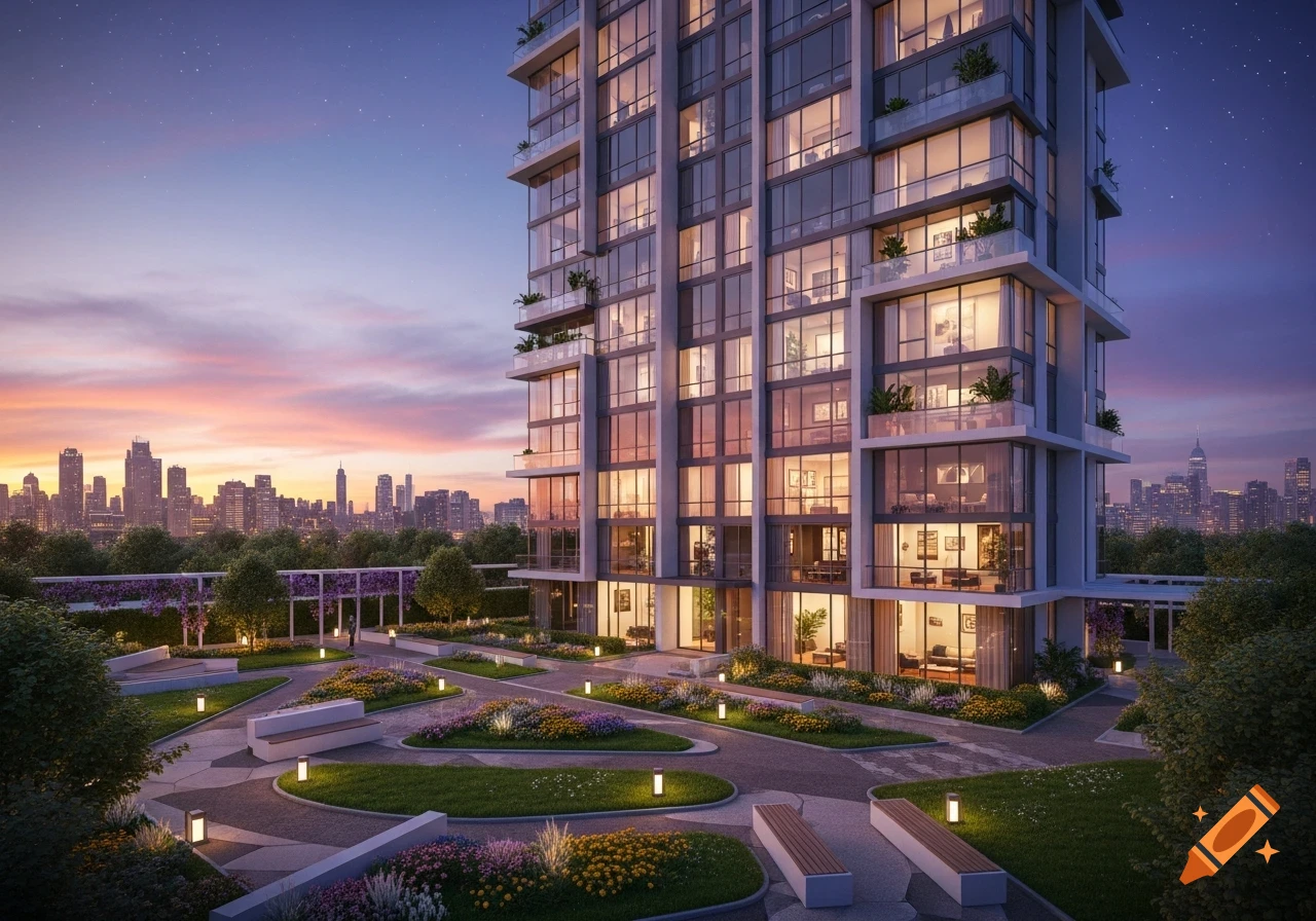 Photorealistic modern apartment building with a lit courtyard and city skyline at dusk.
