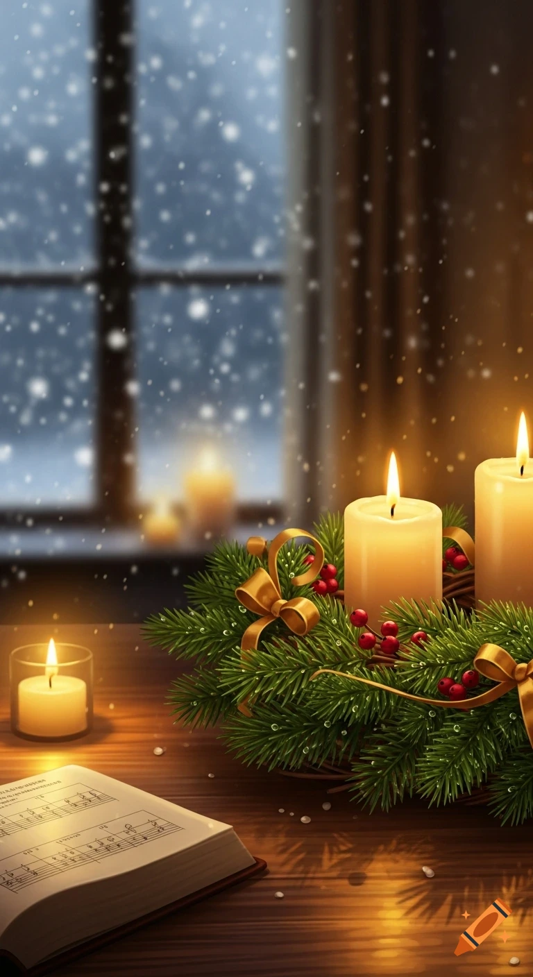 A festive Advent scene with an evergreen wreath, red berries, gold bows, and three lit candles on a wooden table. Snow falls outside a window in the background, with an open sheet music book and another candle in a glass holder to the left. The scene glows warmly.