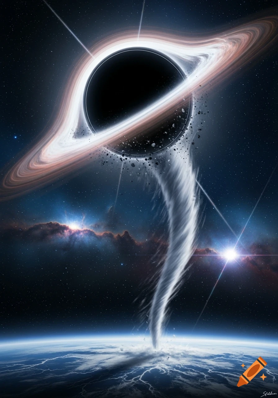 A surreal scene of a black hole with luminous accretion disks pulling a white, swirling tornado from a stormy Earth into deep space, surrounded by stars and nebulae.