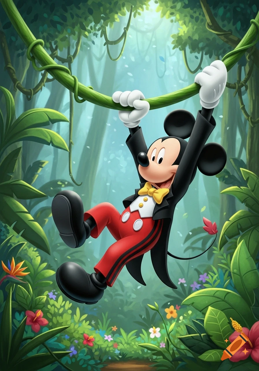 Cartoon Mickey Mouse in a tuxedo swings from a green vine in a lush jungle with colorful flowers.