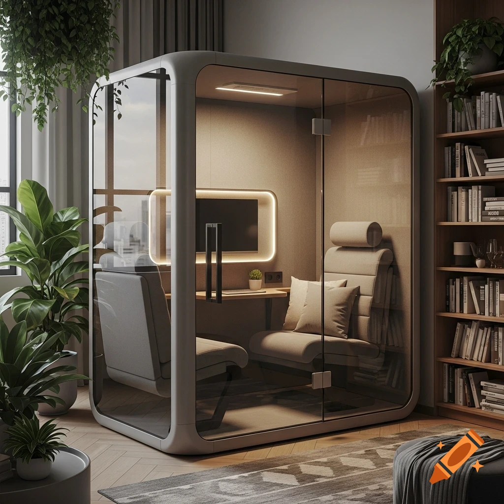 A modern, glass-enclosed silent study pod in a bright room with green plants and a wooden bookshelf filled with books.