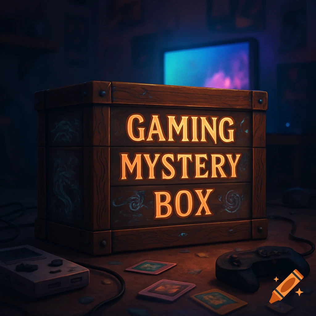 A glowing wooden "Gaming Mystery Box" sits on a desk with a retro Game Boy, a controller, and game cards in a dimly lit room with a monitor.