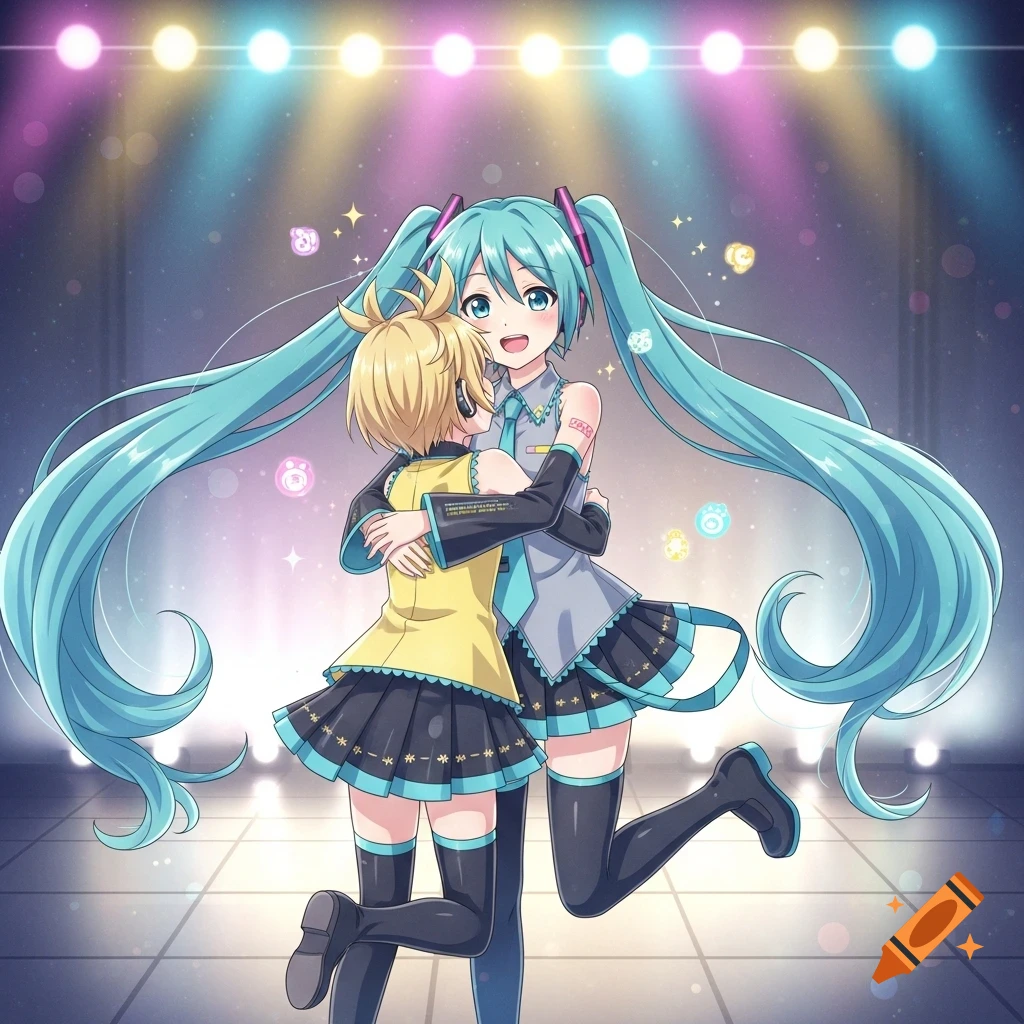 Anime-style illustration of Hatsune Miku with long teal pigtails hugging Kagamine Rin with short blonde hair on a bright stage.