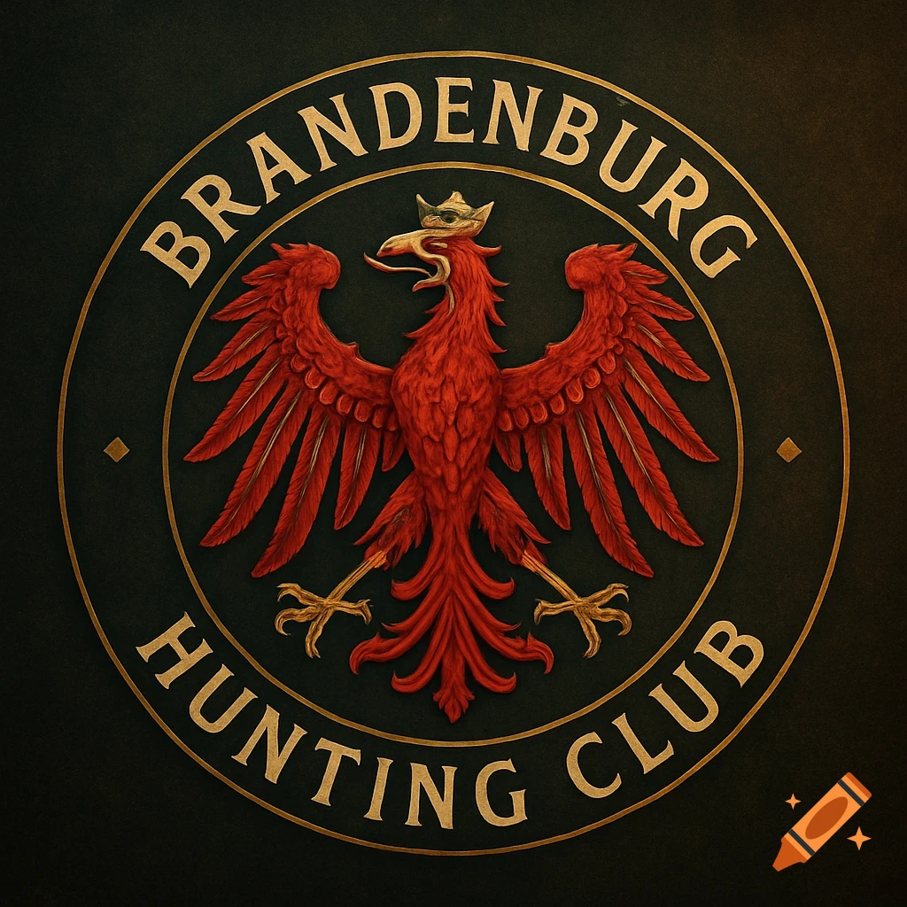 A circular gold and red logo for Brandenburg Hunting Club, featuring a crowned red eagle with outstretched wings on a dark background.