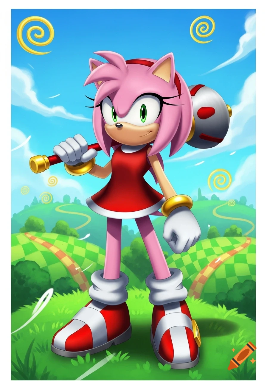 Amy Rose, a pink hedgehog in a red dress, stands on a green checkered hill under a blue sky, holding a large Piko Piko Hammer over her shoulder.