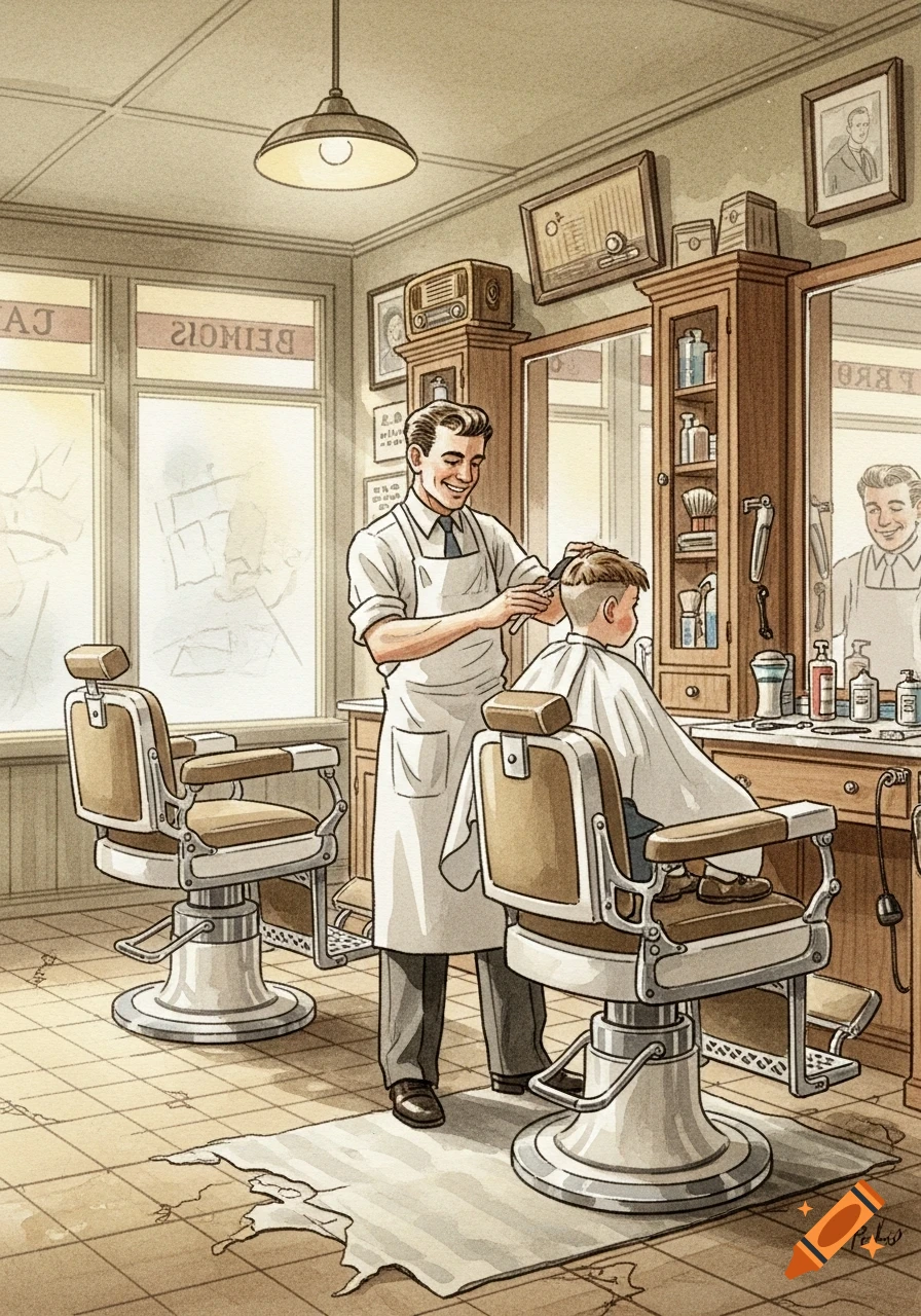 Watercolor painting of a 1940s barbershop, a smiling barber giving a boy a buzzcut, with vintage decor.