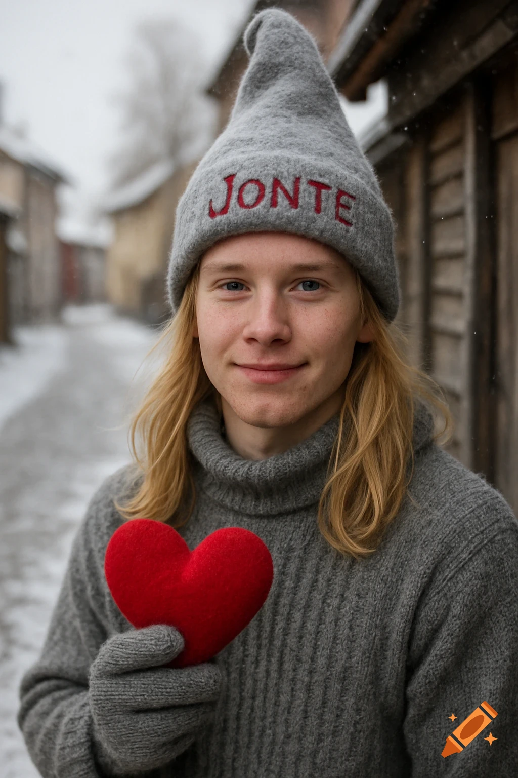 A smiling young person with long blonde hair, wearing a gray hat with "JONTE" and a matching sweater, holding a red heart in a snowy village.