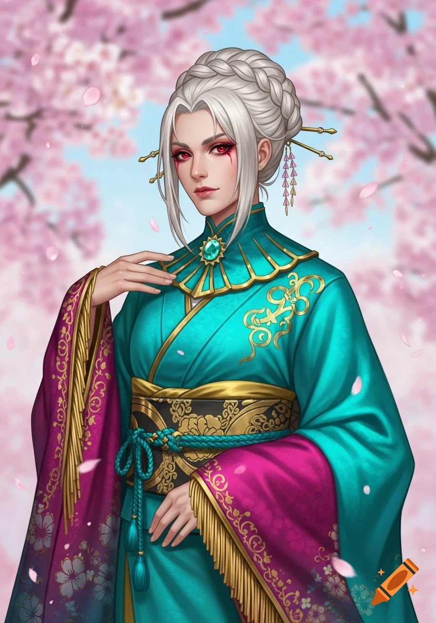 An illustration of a woman with white hair and crimson eyes, wearing a turquoise furisode with magenta sleeves, against a cherry blossom background.