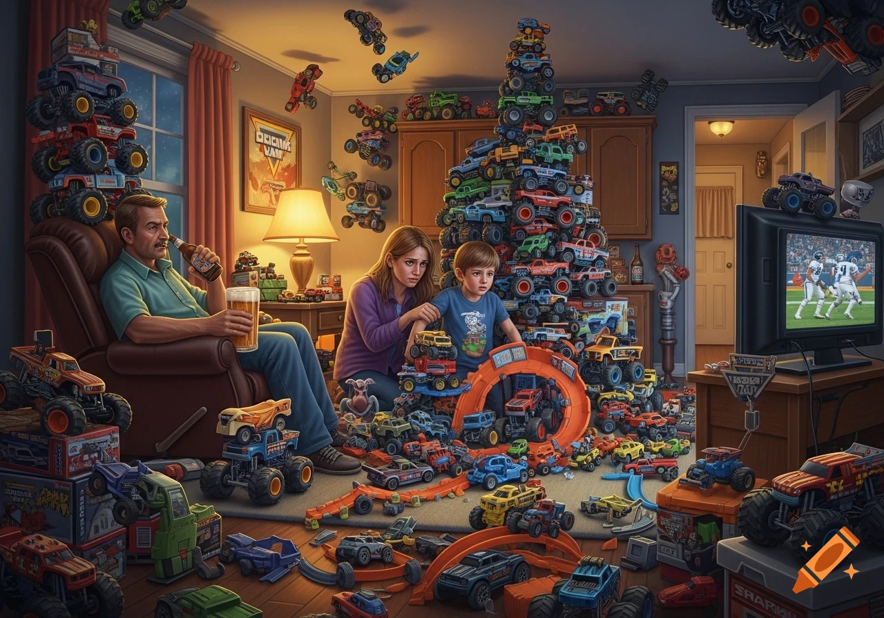 Dad drinks beer, watching football in a living room overflowing with monster trucks, while his wife and son play.