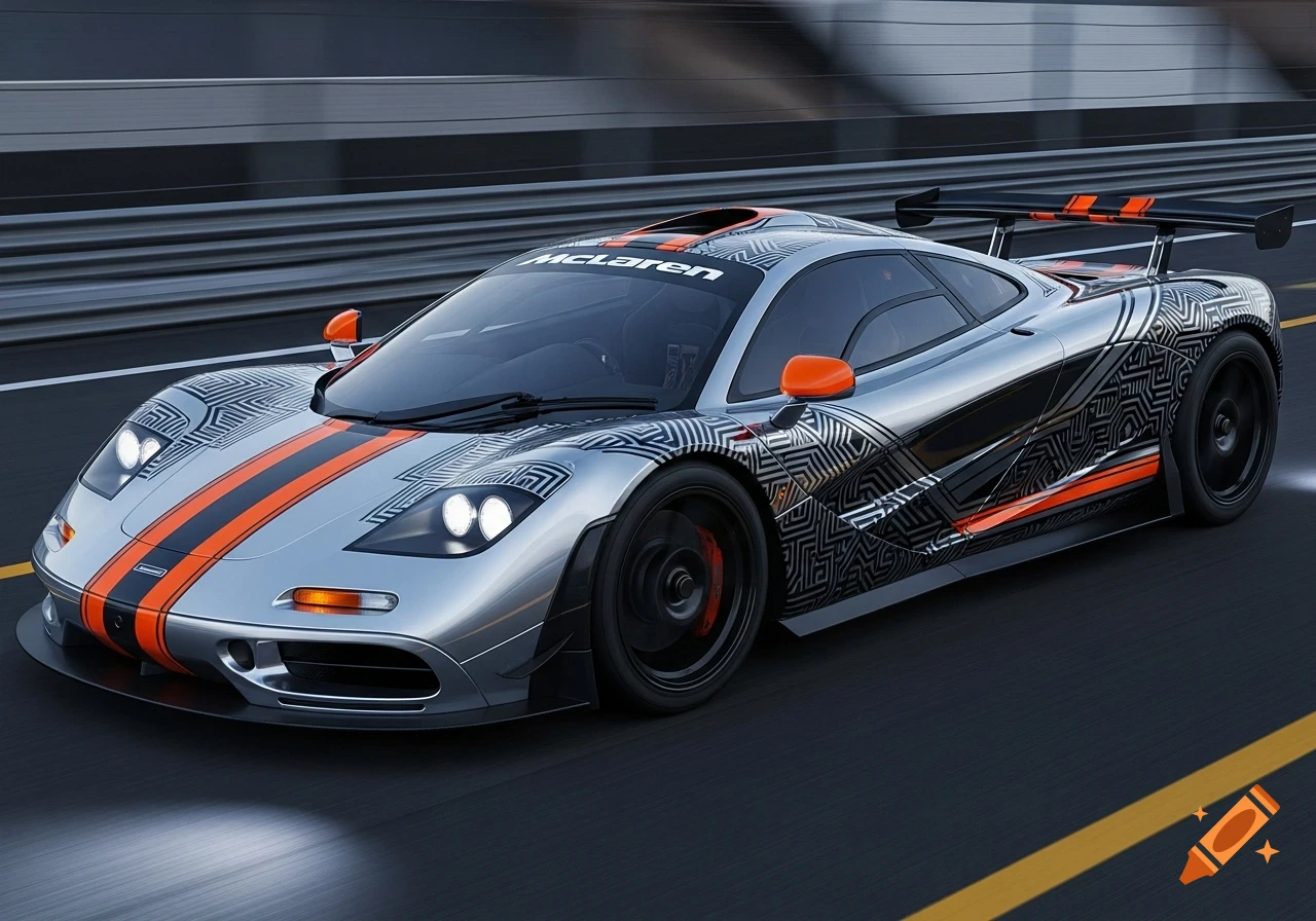 A silver McLaren sports car with orange stripes and black geometric patterns drives on a race track.