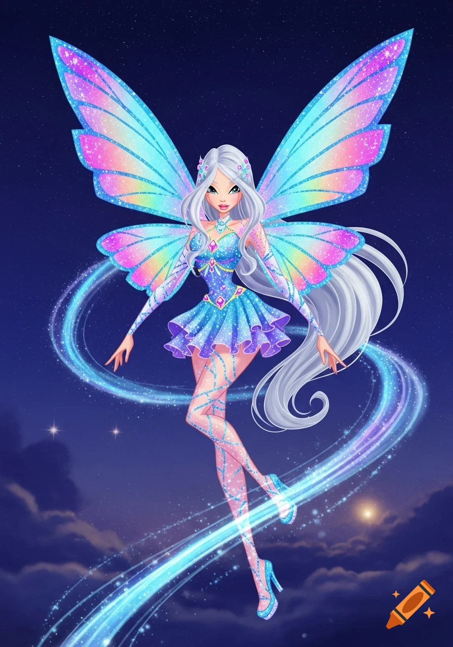 Anime fairy with silver hair, sparkling blue dress, iridescent blue, pink, and purple wings, flying through a starry night sky with magical light trails.