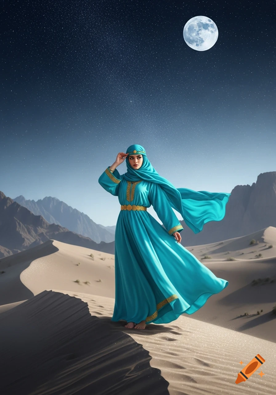 A woman in a flowing teal dress and head covering stands on a desert sand dune at night, with mountains, a starry sky, and a full moon.