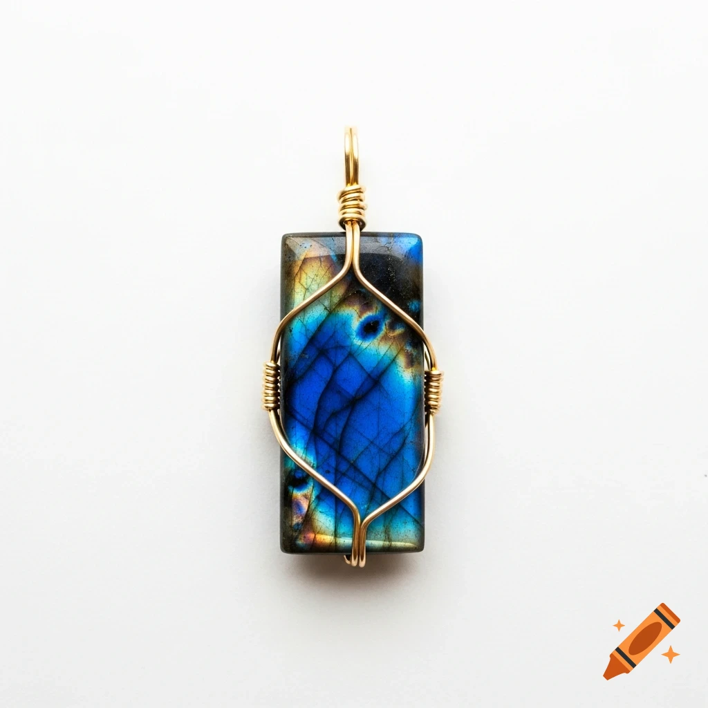 A rectangular labradorite gemstone pendant, featuring vibrant blue and gold flashes, intricately wrapped in delicate gold wire, set against a clean white background.