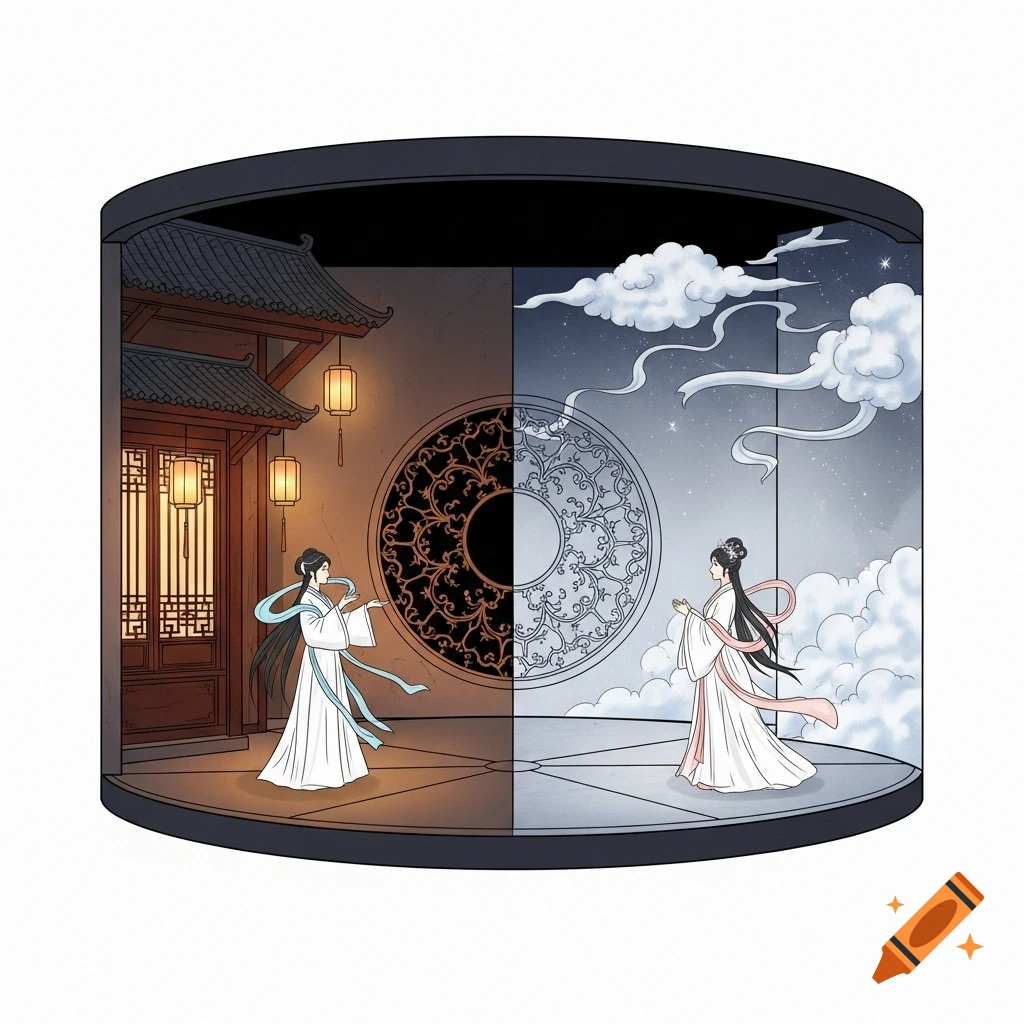 Stylized illustration of a round stage divided by a patterned window into day and night. A woman in white stands by a Chinese building, another woman by clouds and stars.