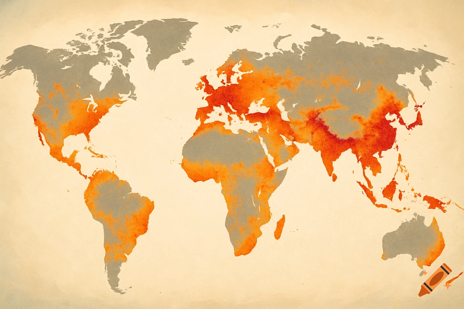 A stylized world map indicating population density with red for major, orange for secondary, and grey for uninhabited zones.