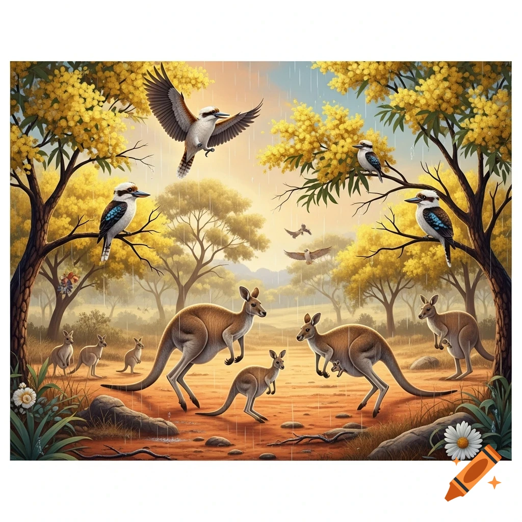 Illustrated Australian wildlife scene with kookaburras in wattle trees, kangaroos and joeys on red terrain during a summer rain.