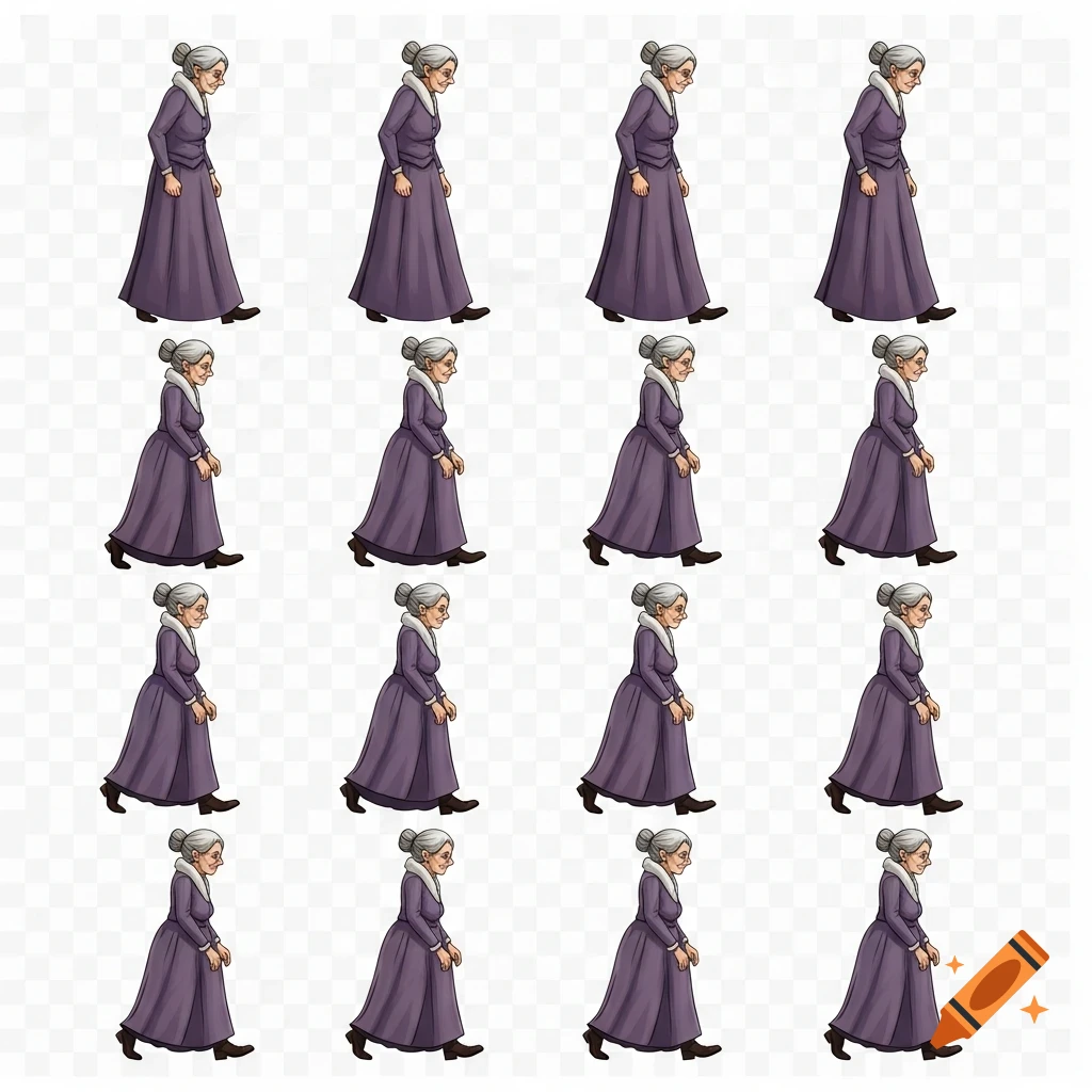 2D game sprite sheet showing an old woman with gray hair in a purple dress walking.