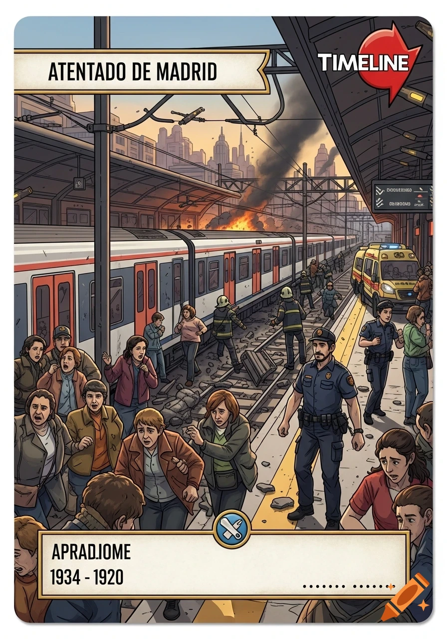A cartoon-style game card showing a train station after a Madrid attack, with fire, smoke, debris, panicked evacuees, police, firefighters, and an ambulance.