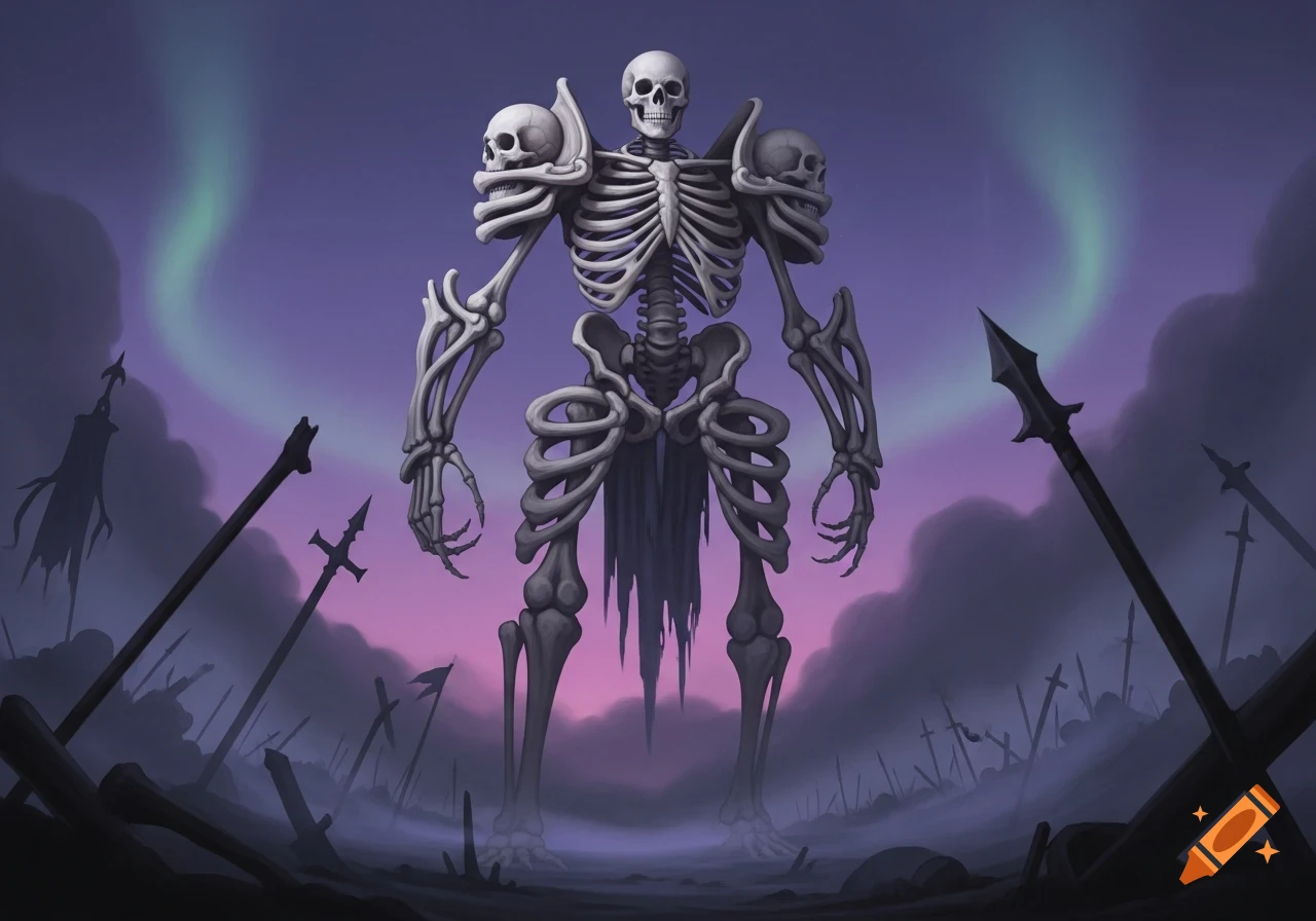 A towering skeleton wearing skull shoulder pads stands amidst a battlefield of broken weapons under an aurora-lit sky.