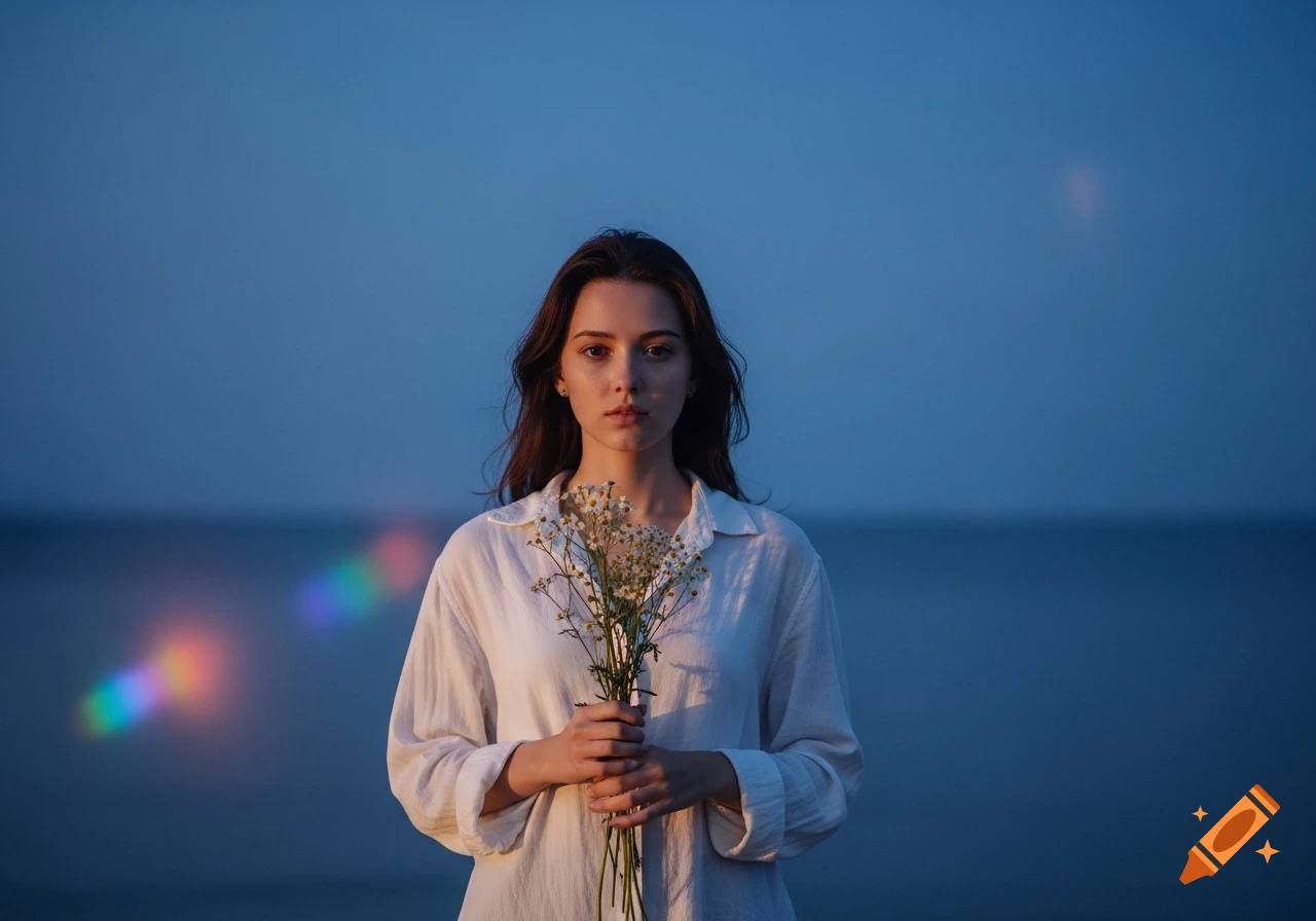 Cinematic portrait of a young woman holding wildflowers by the sea at twilight, with deep blue tones and a subtle lens flare.