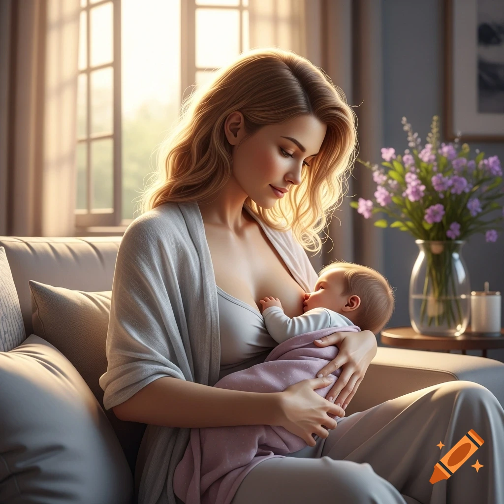 A photorealistic image of a blonde woman tenderly breastfeeding a baby on a sofa, bathed in warm sunlight.