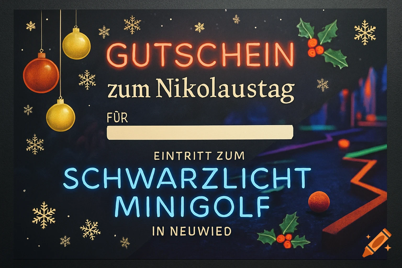 Christmas voucher for blacklight mini-golf in Neuwied, featuring neon text, ornaments, snowflakes, and a glow-in-the-dark golf course background.