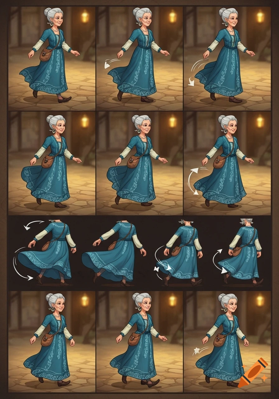 An old woman character sprite sheet for a 2D game, showing her walking in various poses, with motion lines indicating movement, in a stylized art style.