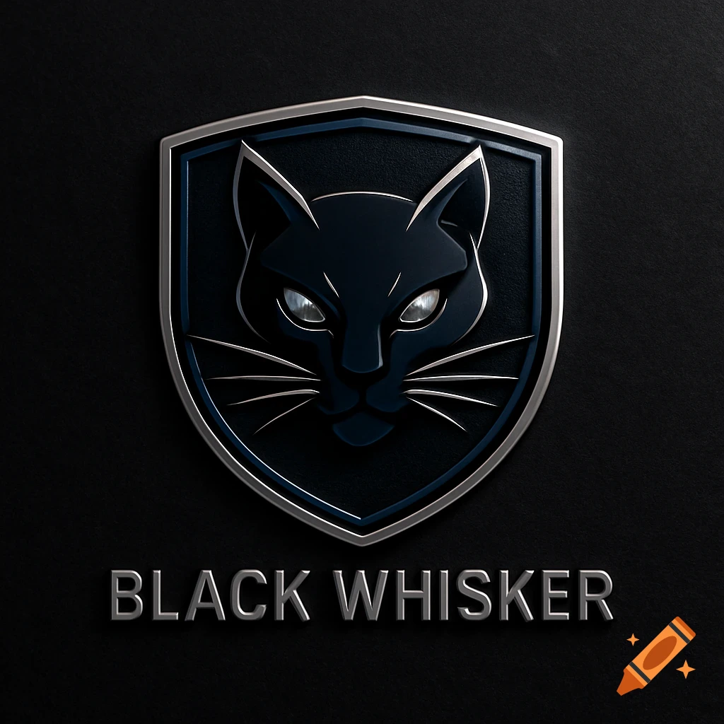 Sleek metallic black cat head in a shield emblem, with 'BLACK WHISKER' text below, on a dark textured background.