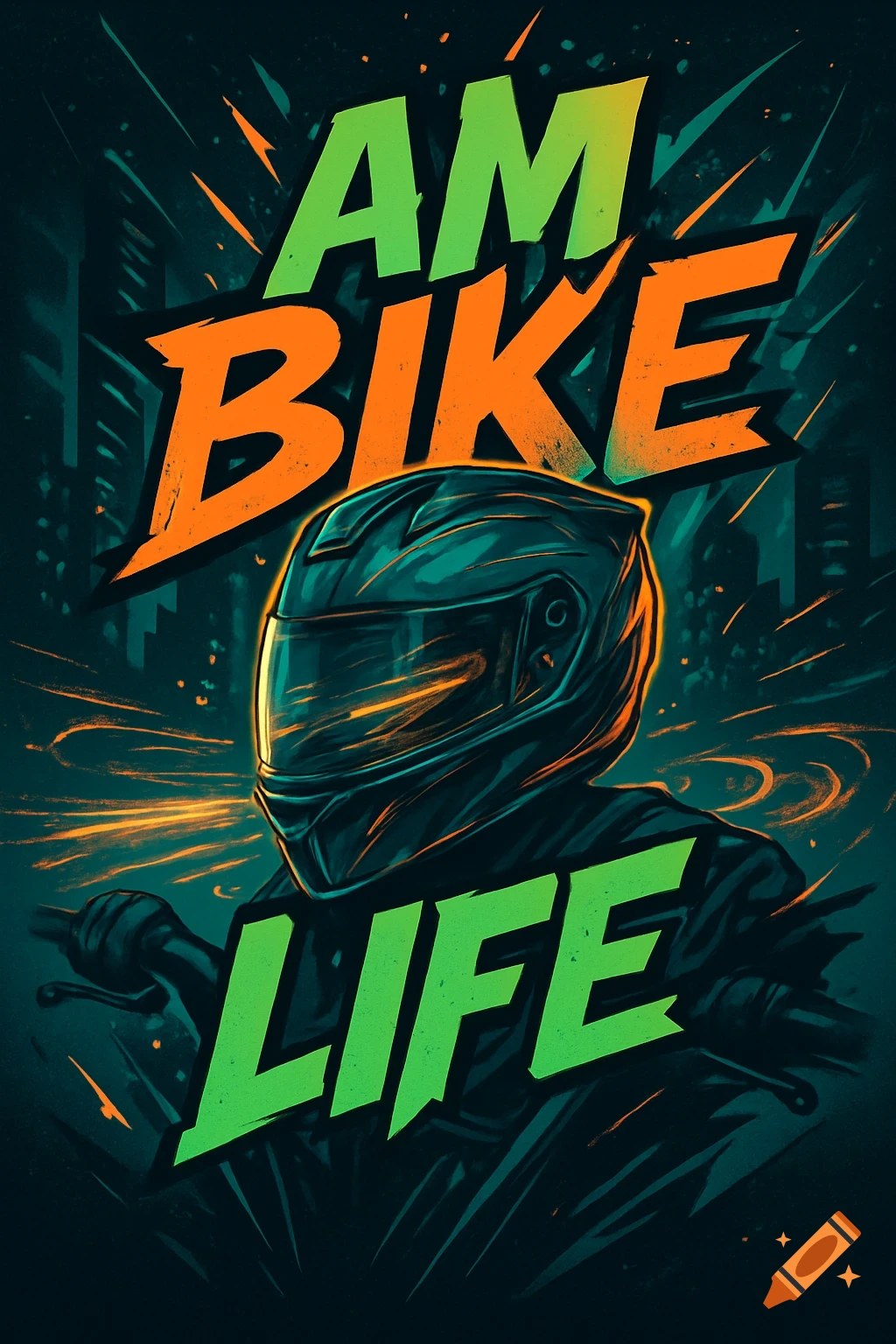 A stylized graphic illustration of a person wearing a motorcycle helmet in a dark, urban setting, with the words "AM BIKE LIFE" in green and orange.