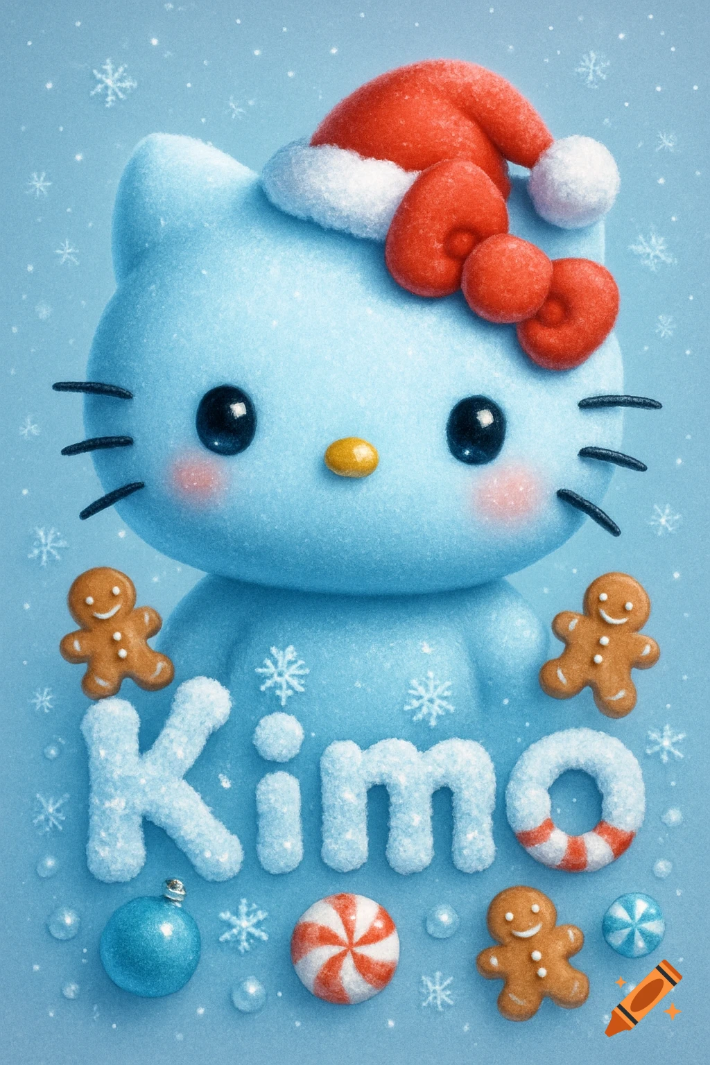 A cute blue Hello Kitty snowman wearing a Santa hat, surrounded by gingerbread men, candy, and snowflakes. The name Kimo is spelled in snowy letters.