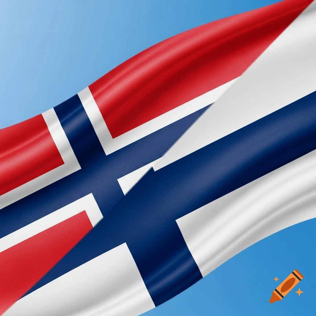 The national flags of Norway and Finland are depicted overlapping diagonally against a blue sky, with the Norwegian flag on the left and the Finnish flag on the right.