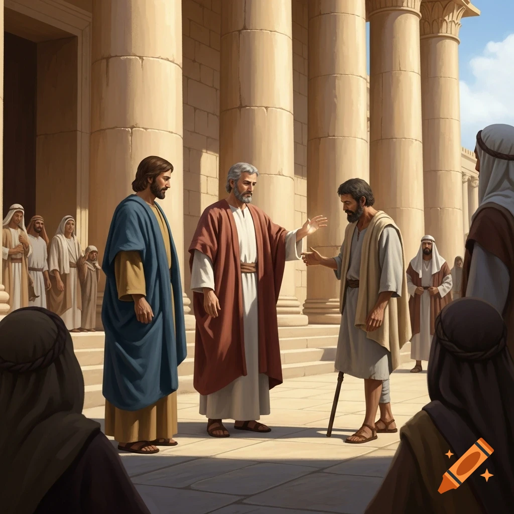 Three men in ancient robes interact in front of a grand temple with large columns, while other figures stand in the background. One man holds a staff.